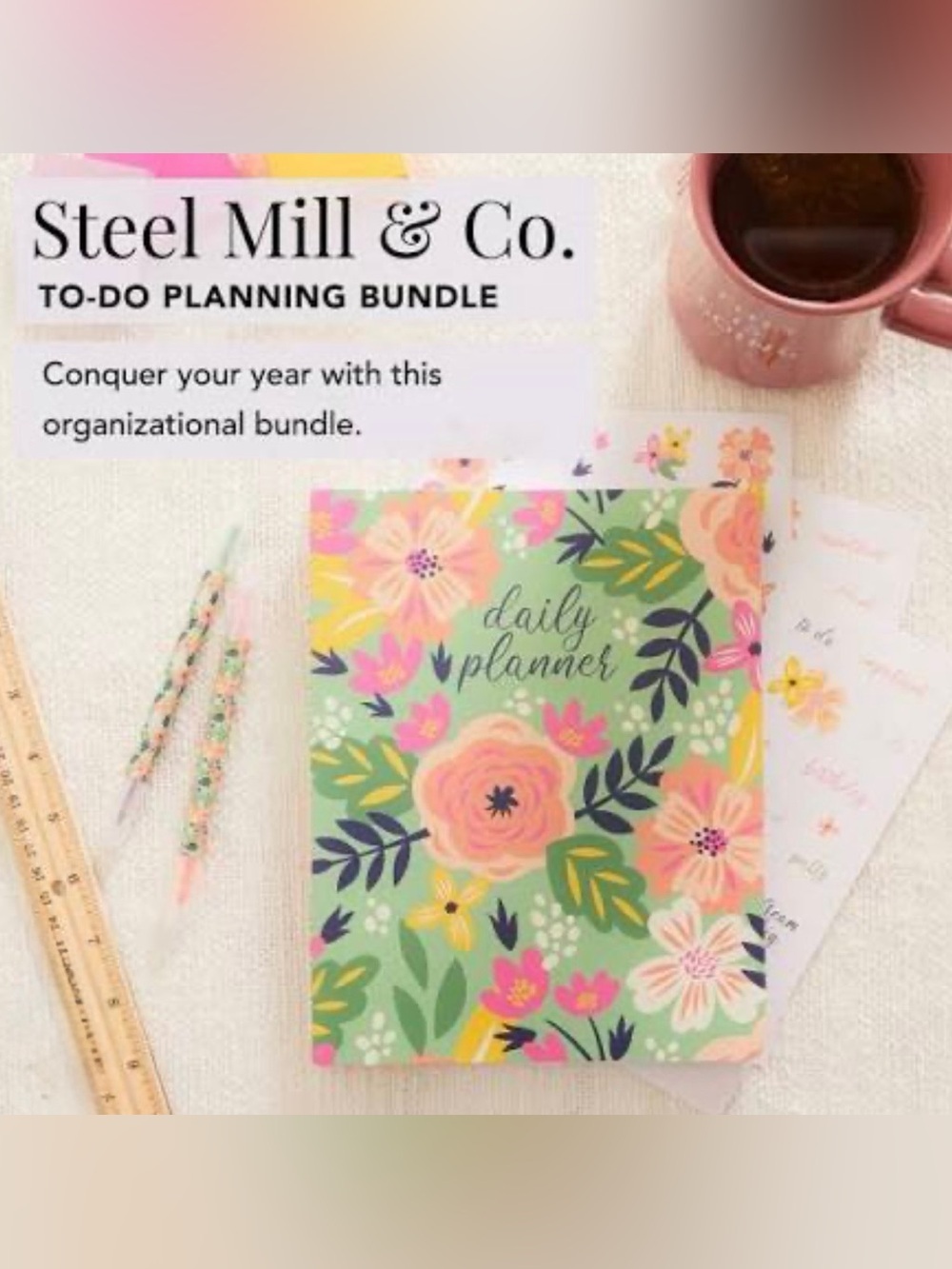 Floral Daily Planner Notebook - Mint with Pink & Yellow Blooms